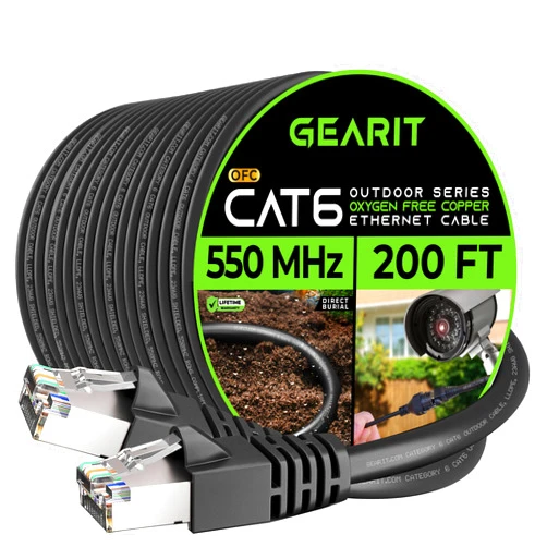 GearIT Cat6 Outdoor Ethernet Cable (200ft) 23AWG Pure Copper, FTP, LLDPE, Waterproof, Direct Burial, In-Ground, UV Resistant, POE, Network, LAN, Internet, Cat 6, Cat6 Cable - 200 Feet