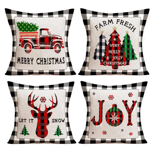 Asamour Pack of 4 Christmas Buffalo Plaids Throw Pillow Covers Winter Farmhouse Decorative Trees Truck Reindeer Snowflake Cotton Linen Joy Peace Xmas Blessings Quote Cushion Cover Pillow Case 18’’x18’
