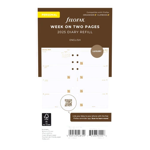 Filofax Calendar Diary Refill, Personal/Compact Size, Week-to-View, Cotton Cream Paper, Unruled, English, 2025 (C68424-25)