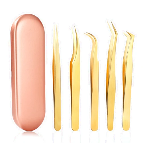 Etercycle High Precision Lash Tweezers Set - Includes 5 Stainless Steel Eyelash Tweezers for Classic Individual and Volume Lash Extensions. Complete with Storage Box