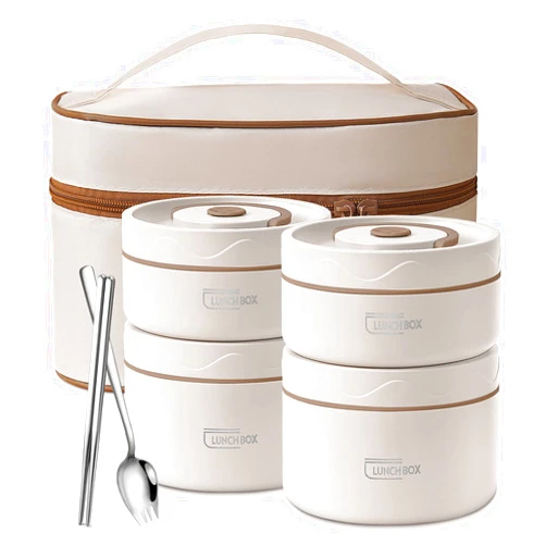QQKO Portable Insulated Food Lunch Container Set with Thermal Lunch Box, 3 Separate Stackable Lunch Container for Adult Kids Men Women, 66 Oz/8.25 Cup (White, 4-Tier)