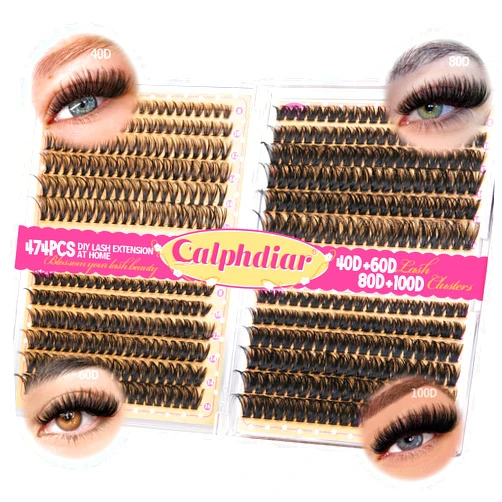 Calphdiar Lash Clusters 40D+60D+80D+100D Eyelash Clusters 474PCS Individual Lashes D Curl Cluster Eyelash Extensions 8-16MM Wispy Lashes Clusters Fluffy False Mink Eyelashes DIY Lash Extension at Home