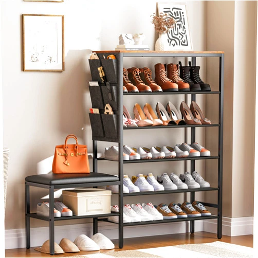 FURKO 5 Tier Shoe Rack for Entryway,Shoe Bench with Storage Bag,12-15 Pairs Shoe Organizer,Metal Shoe Shelf with Industrial Rustic Brown