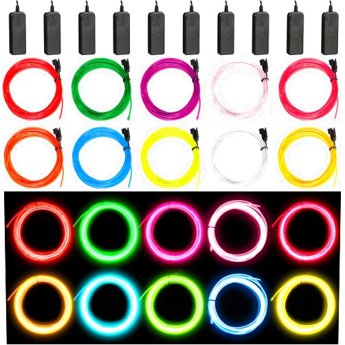 Hortsun 15 Pack EL Wire Portable Neon Lights Cuttable Neon Glowing Strobing Electroluminescent Light Battery Powered LED Lights Glow in The Dark Costume with Battery Pack for Party (2 Meter)
