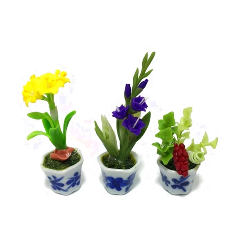Mr_air_thai_Miniature Cactus and Flower 3pc Miniature Flower Clay Dollhouse Fairy Garden Mini Plant Trees Ceramic Paint Furniture Bundles Artificial Flowers Tiny Orchid #059