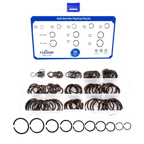 FSATNDE 120Pcs GB895.2 Φ10-Φ26 Retainer Clip 65Mn Shaft Steel Wire Ring Snap Ring Set,Bearing Stop Ring Assortment Kit,Round Wire Snap Rings for Shafts