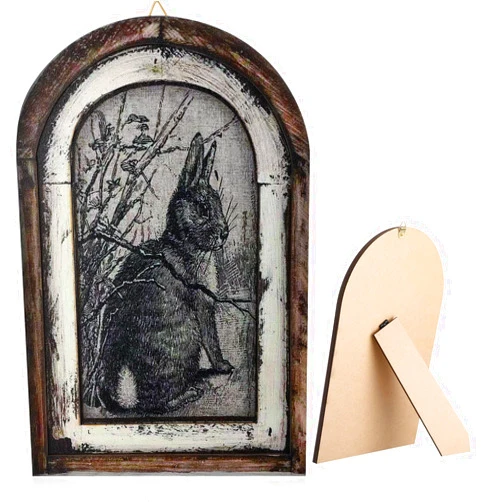 GlikCeil 12x8 Inch Bunny Decor French Country Decor, 3D Rustic Wooden Vintage Rabbit Wall Decor, Farmhouse Rabbit Art Poster for Home and Easter Decoration, 3D with Frame Easel