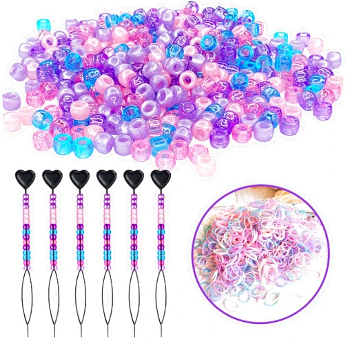 Karasmay 1406 Pieces Pony Beads Set Including 6 Pieces Quick Beader for Kid, 900 Multicolor Plastic Beads and 500 Pieces Mini Rubber Bands Soft Elastic Bands,Can be Used for Hair Braids