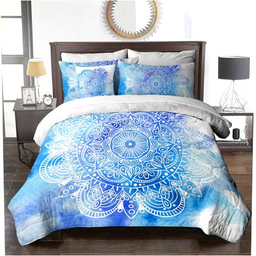 BlessLiving Flower Mandala Bed in A Bag Queen 8 Pieces Bohemian Comforter Set Blue Bedding Set (1 Comforter, 2 Pillowcases, 2 Pillow Shams, 1 Flat Sheet, 1 Fitted Sheet, 1 Cushion Cover)