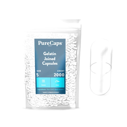 PureCaps USA - Empty Gelatin Capsules Size 5, 2,000 Empty Joined Gel Pills, Clear, Non-GMO Certified, Kosher, Gluten Free and Halal Certified, Pure Beef Gel Pill Capsules Empty