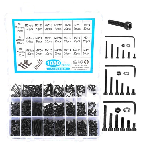 Bayidun 1080pcs Screws Bolts and Nuts and Washers Assortment Set, Metric M4 M3 M2 Stainless Steel Hex Socket Head Cap Screws Kit, Assorted Machine Screws Nuts and Bolts with Washers (1080 Black)
