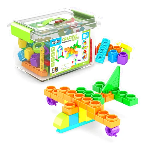Engino Toys Creative Engineering STEAM Maker Junior 10-Model Set, Color and Number Learning, Stackable Building Blocks, Hand-Eye Coordination, Elephant, Giraffe, Spaceship, Home Learning, for Ages 4+