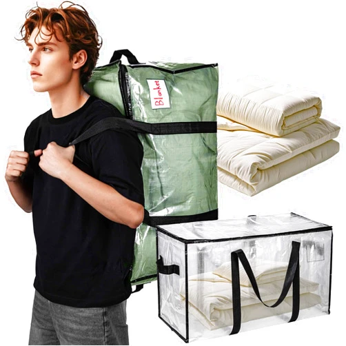 RAINFLOW Extra Large Moving Bags - Heavy Duty Clear Tote Bag for Storage and Organization with Smooth Zipper and Strong Handle Home Moving Supplies College Dorm Essentials for Girls and Guys 1PCS