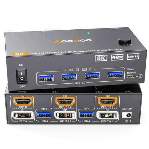 AOOCOO Dual Monitor KVM Switch 2 Port 8K@60Hz 4K@144Hz HDMI+DP USB 3.0 Switch Extended Display 2 Monitors 2 Computers with USB 3.0 Cables Wired Controller
