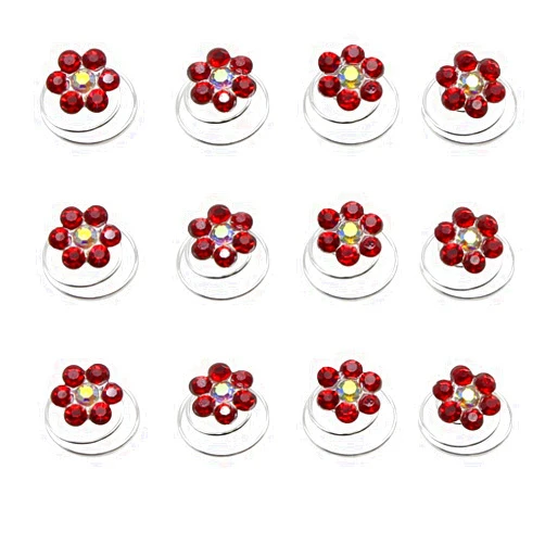 Newstarfactory Rhinestone Studded Collection Flower Spiral Hair Pin Pack of 12 (Red)