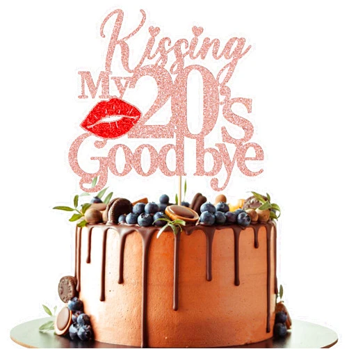 Leetaivie Glitter Kissing My 20's Goodbye Cake Topper, Happy 20th Birthday Cake Topper, 20th Birthday Cake Decoration, 20th Birthday/Wedding Anniversary Party Decoration Supplies (Rose Gold)