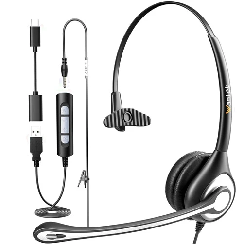 Wantek USB Computer Headset with Microphone for Laptop PC,3.5mm Wired Stereo Call Center Headset with Microphone Noise Cancelling, Corded Desktop Headphones with Mic & Mute