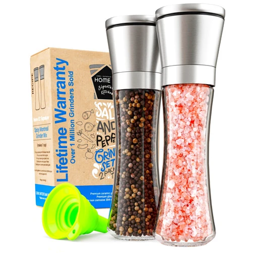 Home EC Premium Stainless Steel Sea Salt and Pepper Grinder Set of 2 - Adjustable Ceramic - Tall Glass Salt and Pepper Shakers - Kitchen Pepper Mill & Salt Mill W/Funnel & EBook