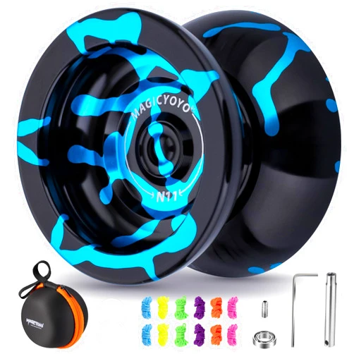 MAGICYOYO N11 Professional Unresponsive Yoyo for Advanced, Dual Mode Metal Trick Yo-Yo with Ressponsive Yoyo Bearing for Kids Beginner, Includes 12 Yo yo Strings, Bearings Kit & Carry Bag (Black Blue)