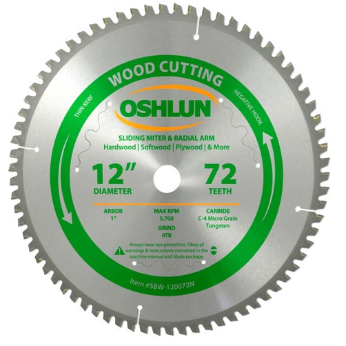 Oshlun SBW-120072N 12-Inch 72 Tooth Negative Hook Thin Kerf Finishing ATB Saw Blade with 1-Inch Arbor for Sliding Miter and Radial Arm Saws