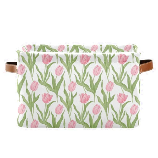 Kigai Storage Basket with Handles, Tulips Foldable Canvas Storage Bin with Metal Frame for Shelves Home Office Nursery Organizing, 1 Pack