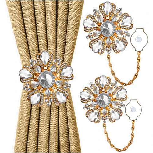 VIIVY VIYIV Strong Magnetic Curtain Tiebacks, VIIVY VIYIV Outdoor Luxury Crystal Stretchy Rope Tiebacks for Drapes Decorations Window Curtain Holdbacks Drapery for Home Living Room Bedroom Gold 2Pack
