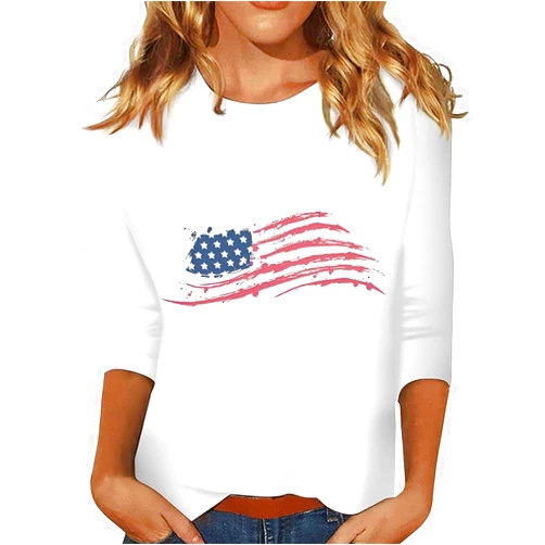 Generic Patriotic Shirts for Women American Flag Shirt Star Stripes 3/4 Sleeve American Flag Shirt Going Out Tops 2024