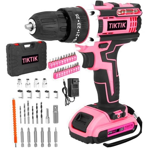 TIKTIK 21V Cordless Drill Set,Power Drill Kit with Battery and Charger,Torque 45N,3/8-Inch Keyless Chuck,Variable Speed,25+3 Position and Drill Bits,Pink Drill Tool Set for women