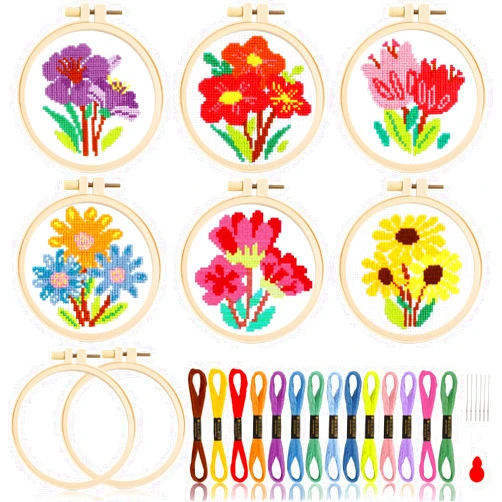ZOIIWA 6PCS Spring Flower Cross Stitch Kits for Beginners DIY Embroidery Kit for Kids Adults Valentine's Day Easter Birthday Gift Needlepoint Patterns with 2 Embroidery Hoops Craft Supplies