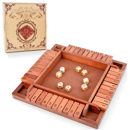 WOOD CITY Shut The Box Game Wooden 4 Player, Classic Board Game for Kids & Adults, Educational Math Learning Toy, Table Dice Game for The Party Family or Bar - 12 Inch with 8 Dice