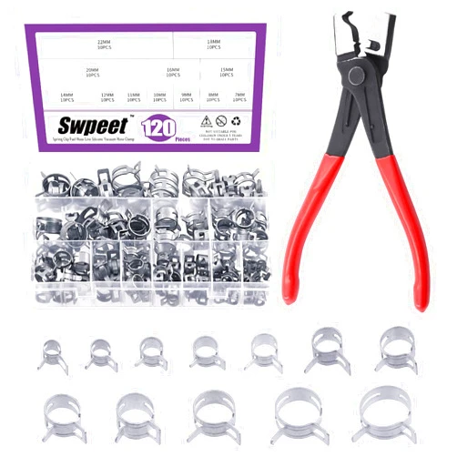 Swpeet 121Pcs 7-22mm Dacromet Spring Band Hose Clamps with CV Boot Hose Clip Pliers Assortment Kit, Silicone Vacuum Hose Action Pipe Clamp Low Pressure Air Clip Clamp for Hose Clamps