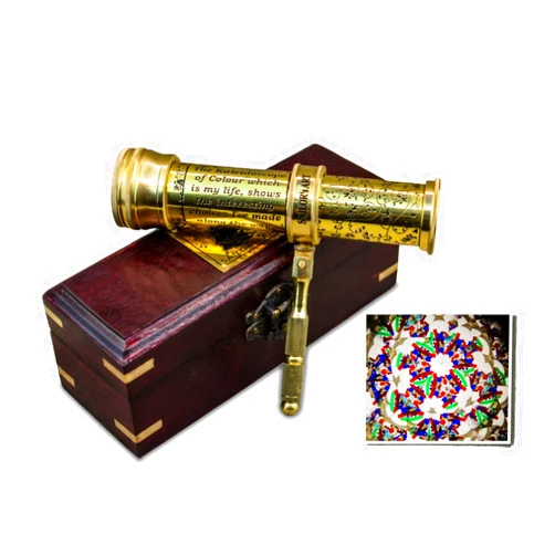 Sailor's Art Polished Brass Kaleidoscope with Handheld Stick & Wooden Box, Educational Vintage Collection, Antique Birthday Gift Kaleidoscope, Solid Brass 5.5 Inch Kaleidoscope for Adults & Friends