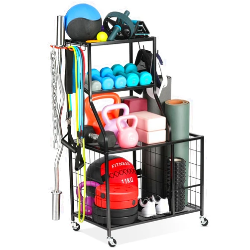 AHOWPD Weight Rack Home Gym Storage, Yoga Mat Storage Rack Workout Equipment Storage Rack for Dumbbells Kettlebell Resistance Band, Exercise Equipment Gym Rack Organizer with Wheel and Levelling Feet