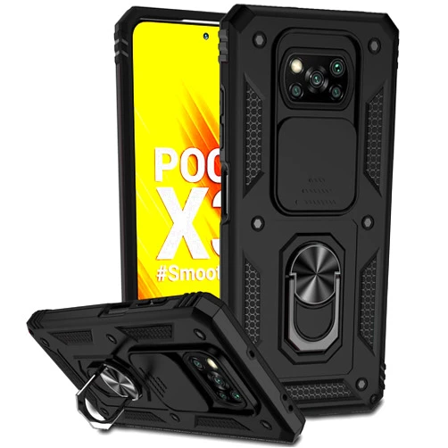 Tothedu Case for Poco X3 NFC/Poco X3 Pro/Poco X3 Case, M2007J20CG Case with Slide Camera Cover, Built-in 360° Rotate Ring Kickstand Magnetic Shockproof Phone Cover for Xiaomi Poco X3 NFC Black
