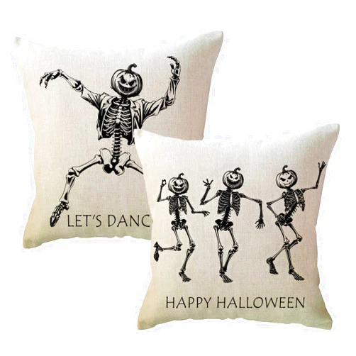 ULOVE LOVE YOURSELF Halloween Pillow Covers Dancing Skeleton Throw Pillowcases 18×18 Inch Pumpkin Skull Let’s Dance Cushion Cover Funny Halloween Decorations 2Pack for Sofa/Couch/Porch (Beige)