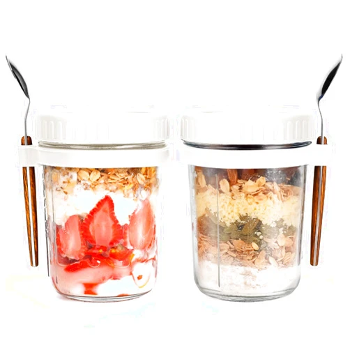 PFUM Overnight Oats Jars with Spoon and Lid 16 oz [2 Pack], Airtight Oatmeal Container with Measurement Marks, Mason Jars with Lid for Cereal On The Go Container (2pcs white)