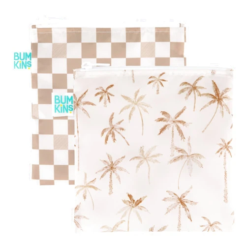 Bumkins Reusable Sandwich and Snack Bags, for Kids School Lunch and for Adults Portion, Washable Fabric, Waterproof Cloth Zip Bag, Travel Pouch, Food-Safe, Large 2-pk Palm Trees, Check