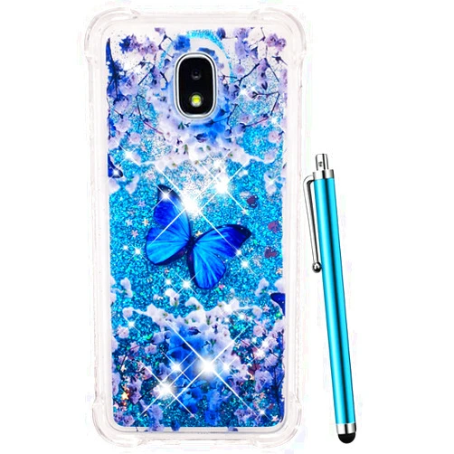 CAIYUNL for Galaxy J7 Refine Case,J7 2018,Samsung J7 Top,J7 Crown,J7 Aero,J7 Aura,J7 Eon,J7 Star Glitter Sparkle Liquid Bling Quicksand Clear TPU Cover Luxury Cute Women Men Shockproof -Blue Butterfly