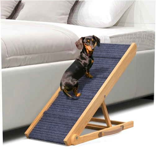 PATHOSIO PETS PATHOSIO Dog Ramp Bed Portable Dog Ramp Couch, Folding Pet Ramp for All Breeds Real Wooden Ramp for Dogs to Get on Bed, Adjustable Dog ramps for Small Dogs (Natural Wood - Grey Carpet, Small)