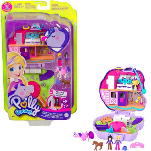 Polly Pocket Jumpin’ Style Pony Compact with Horse Show Theme, Micro Polly Doll & Friend, 2 Horse Figures (1 with Saddle & Tail Hair), Fun Features & Surprise Reveals, Great Gift for Ages 4 & Up