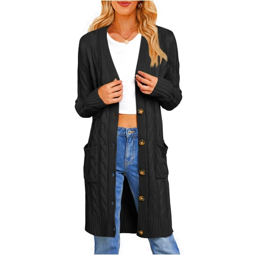 MEROKEETY Women's 2024 Long Sleeve Cable Knit Long Cardigan Open Front Button Sweater Outerwear