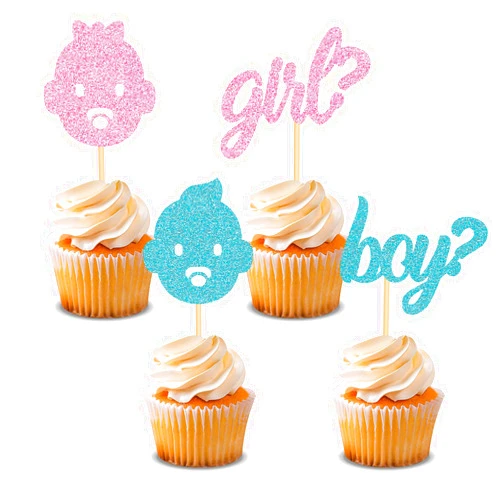 Purp Pie 24PCS Boy or Girl Cupcake Toppers Glitter Picks for Baby Shower Gender Reveal Party Decorations