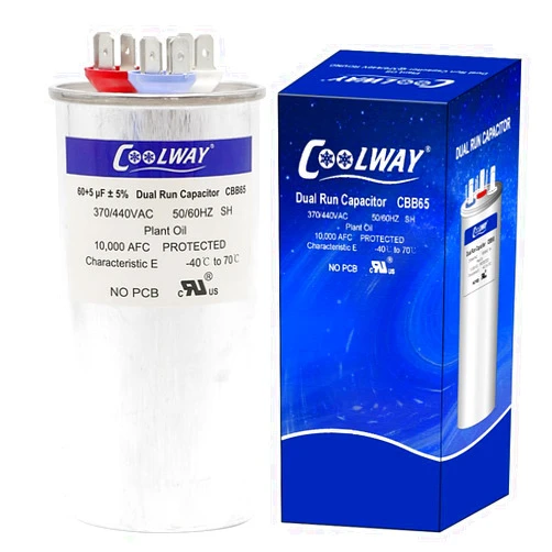 Generic COOLWAY 60/5 uF 60+5 MFD ±5% 370V or 440V Dual Run Start ac Capacitor for ac60 5 CBB65r CBB65b Capacitor 370 440 Volt vac Air Conditioner Capacitor for Motor Start or Heat Pump, Condenser, Pool Pump