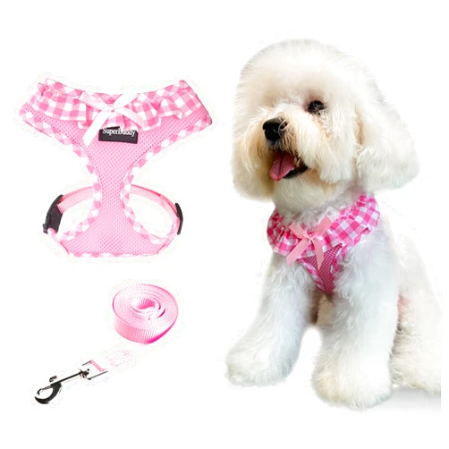 SuperBuddy Upgraded Soft Mesh Dog Harness, Super Breathable Lightweight Pet Harnesses for Puppy Dogs Outdoor Walking, Pink Dog Harness and Dog Leash Set Packing -Small