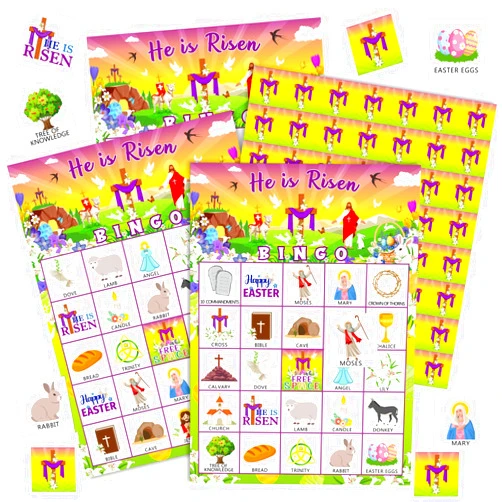 Shappy 39 Pcs Bible Bingo Game for Adults 28 Players He is Risen Easter Party Games Religious Easter Bingo Cards Christian Sunday Church Activities for Bible Family Open Day Supplies(Bible)