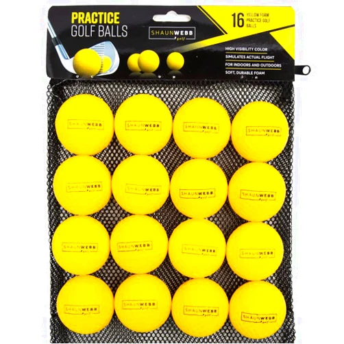 SHAUN WEBB GOLF Practice Golf Balls (16-Pack) Limited-Flight Foam Golf Balls to Improve Your Swing - Dent Resistant Yellow Golf Balls Practice - Perfect for Indoors, Basement & Backyard. Perfect for Men and Kids.
