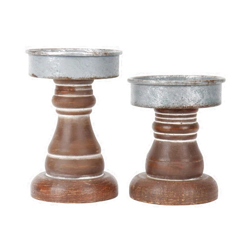 GENMOUS & CO. GenMous&Co. Decorative Candle Holders Pedestal Rustic Wood for Pillar Candle Farmhouse Candlestick Holder Galvanized Plate for Mantel, Dining Table, Centerpiece,Coffee Bar,Set of 2（BROWN