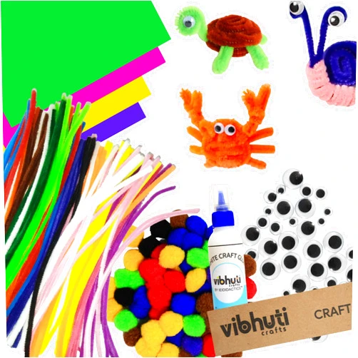 IEIDidactics Craft 5-in-1 Bundle: Pipe Cleaner Craft Kit with Pom Pom, Googly Eyes, Craft Glue, A5 Cardstock (Multicolor) - Art Supplies for Boys & Girls by Vibhuti Crafts