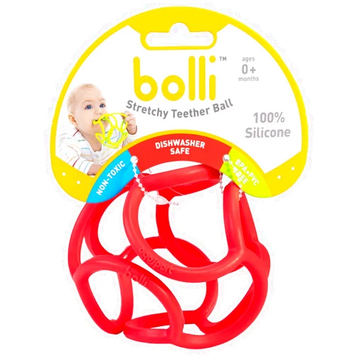 OgoBolli Teething Ring Tactile Sensory Ball Toy for Babies & Kids - Stretchy, Soft Non-Toxic Silicone - Ages 3 Months and up - Red