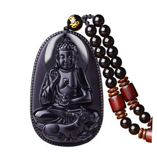 C1lint7785631 Women's Necklaces Men's Necklaces Classic Fashion Natural Black Obsidian Gem Amulet Totem Obsidian Pendant Necklac (Amitabha-dog A)